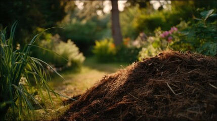 Compost Heap in a Lush Green Garden. Sustainable Gardening and Organic Waste Recycling Concept.