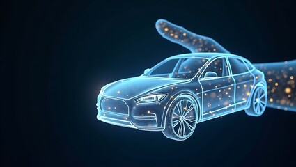 Futuristic electric car design with glowing particles and a digital hand concept