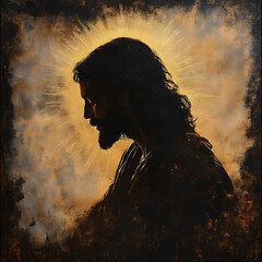 Naklejka premium Wide frame showing Jesus surrounded by darkness with divine light shining from behind, silhouette emphasized by strong contrast and wood grain Rajasthani miniature techniques, fine brush detailing,