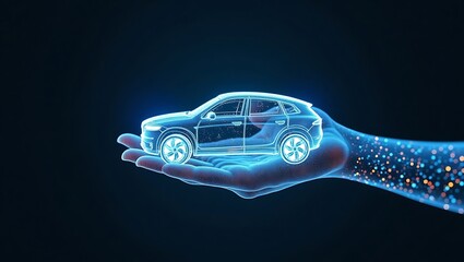 Conceptual illustration of a digital car model presented in a glowing hand on dark backdrop