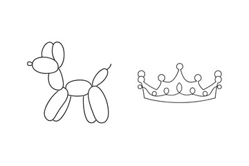 Black and white line art illustrations of a balloon dog and a royal crown