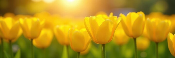 Sunlit field of vibrant yellow tulips, swaying gently in the breeze , closeup, nature photography