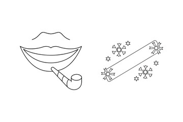 Simple outline party elements featuring lips party blower and snowflake banner decorations