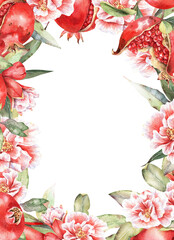 Ripe pomegranates watercolor frame isolated on white. Garden plants template with copy space for summer designs. Red garnets, blush flowers with green leaves.