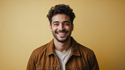 Obraz premium Portrait of happy young man smiling on yellow background
