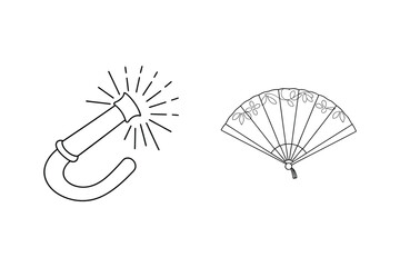 Simple outline drawing of a sparkler and a traditional japanese folding fan