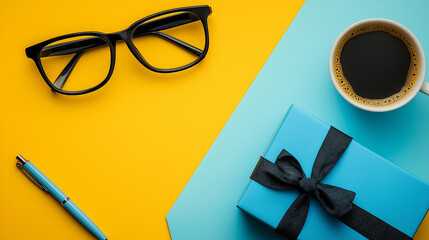 All accessories of Father's day concepts isolated on blue background which top view.