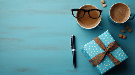 All accessories of Father's day concepts isolated on blue background which top view.