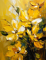 Obraz premium Beautiful oil painting of spring or summer flowers, yellow tones. Floral design. Textured hand drawn