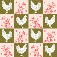Chickens and Flowers Checkers Vector Seamless Pattern