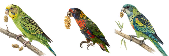 Fototapeta premium Set of A Speckled Parrot Holding a Seed Bird images isolated on a transparent background.