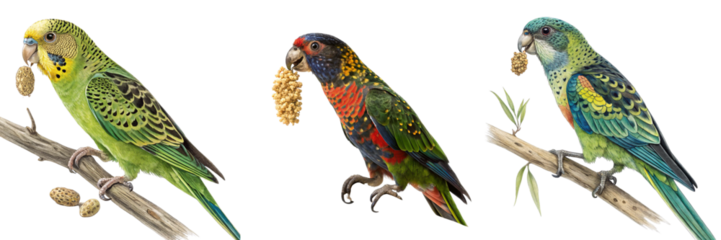 Set of A Speckled Parrot Holding a Seed Bird images isolated on a transparent background.