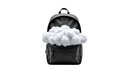 Unzipped Backpack with Floating Clouds Against a White Background