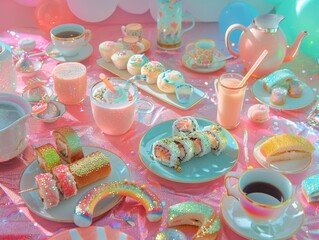 A breakfast table with sushi dipped in milkshake, glitter toast, and floating teacups, surreal culinary still life, overhead shot, pastel tones, artful chaos
