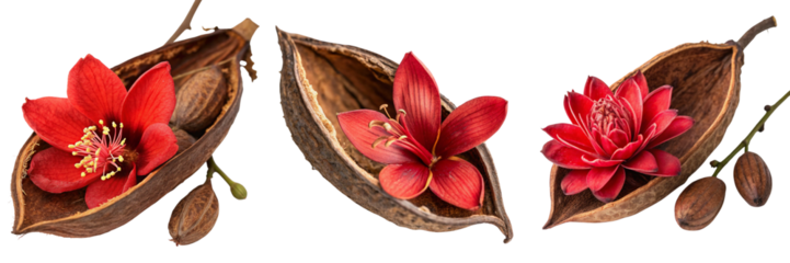 Set of A Stunning of red flower inside brown seed pod  images  isolated on a transparent background.