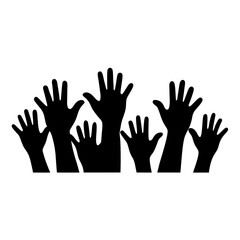 Silhouette of multiple hands raised in the air, symbolizing unity and support