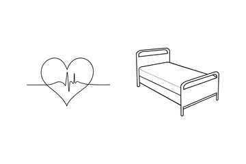 Minimalist line art illustration featuring heartbeat and hospital bed on a white background