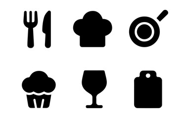 Collection of black cooking icons: fork, knife, chef hat, pan, cupcake, glass, and cutting board.