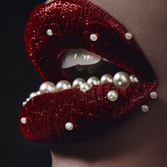 A lipstick ad with lips made of velvet, pearls, and jello, ultra macro shot, visual contradiction, imperfect beauty
