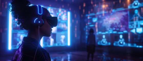 A neurodivergent person in headphones participating in a digital co-working space with holographic avatars of other users, sci-fi ambient lighting