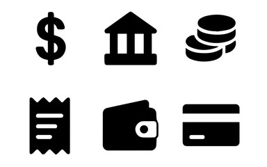 Financial icons, including a dollar sign, bank, coins, receipt, wallet, and a credit card.
