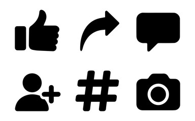 Various black social media icons representing different actions and interactions, set on white.