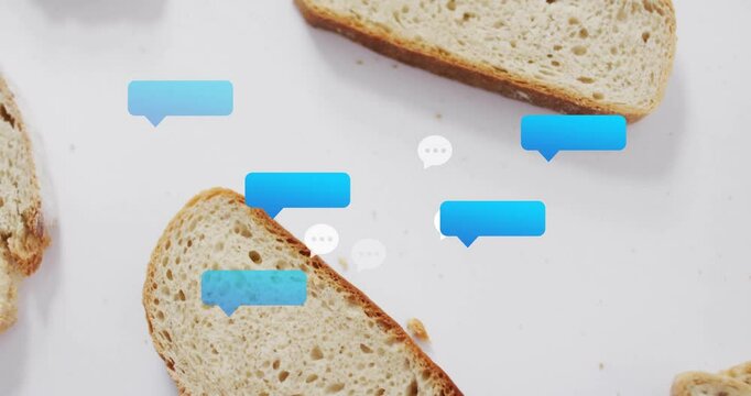Blue bubble appearing triggers chat bubbles gathering, fading around bread slices showing chat flow