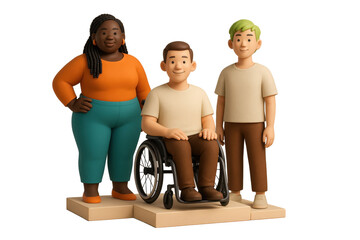 3D illustration of inclusive characters standing on podiums with transparent background