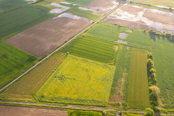 cultivated land patterns captured by drone, aerial drone view. Agricultural concept background