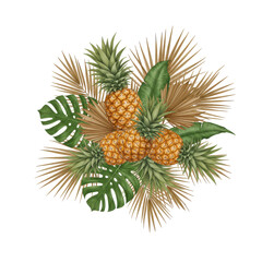 Fototapeta premium Tropical arrangement pineapples, palm fronds, & monstera leaves on a black background