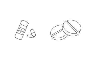 Medical pills and capsules concept represented as outlined illustrations of health and treatment