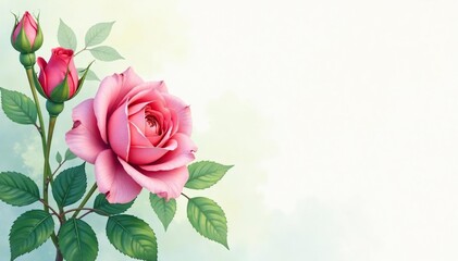 Delicate watercolor rosebuds, lush green leaves , floral, romantic