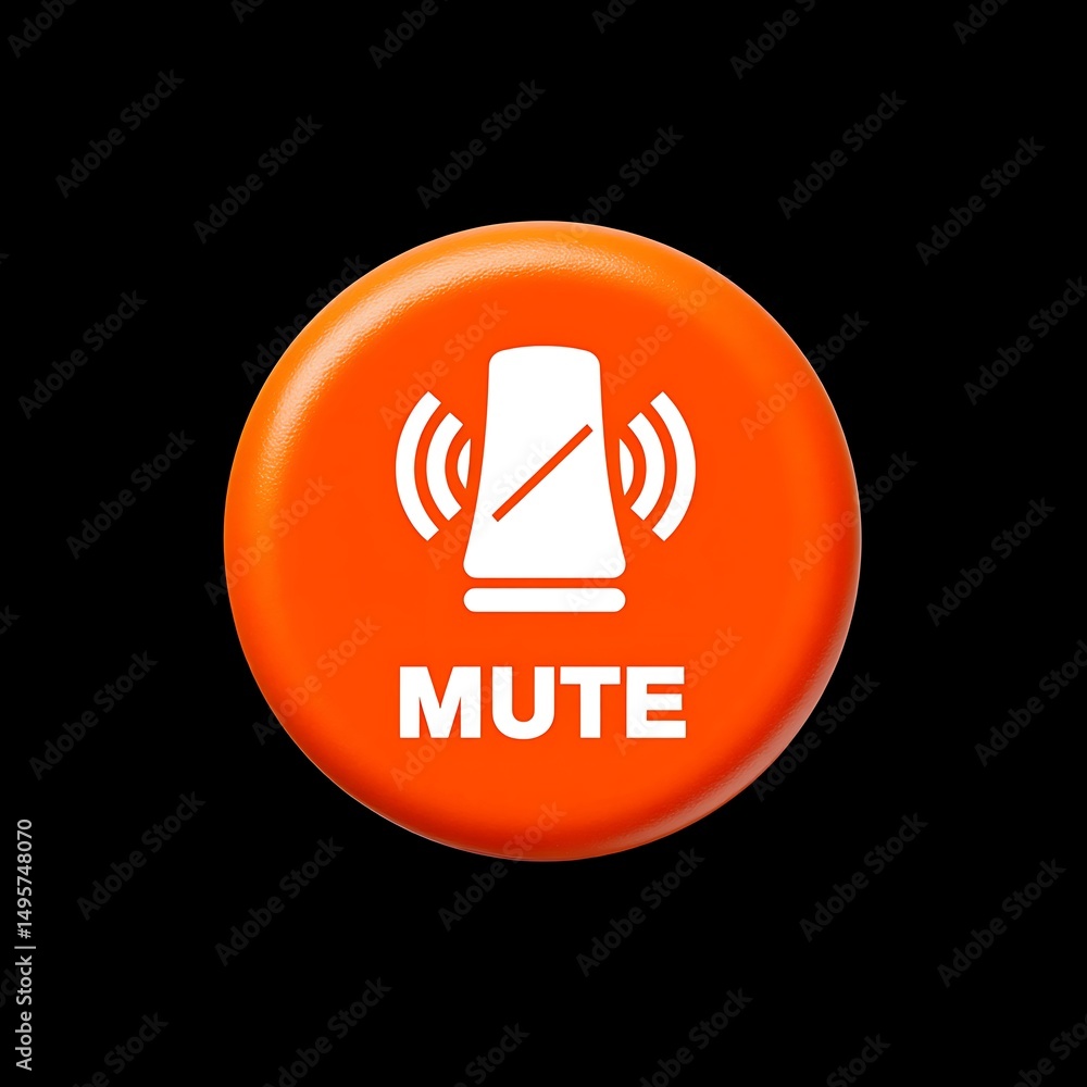 Poster orange button with mute symbol isolated on black background for audio control and communication appl