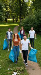 Volunteers carrying garbage bag cleaning park