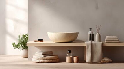 Obraz premium Minimalist Bathroom Interior with Natural Stone Sink and Wellness Products