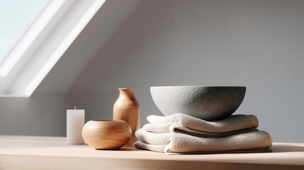 Minimalist Spa Still Life: Towels, Bowl, and Candles for Wellness and Relaxation