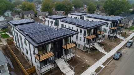 Fototapeta premium A stunning image of affordable Housing Complex with Modern Solar Panels in Detroit, Michigan, Energy-Efficient Townhomes for Low-Income Families, Solar Powered Clean Energy.