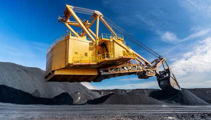 Fototapeta premium giant mechanical shovel lifting coal bucket at industrial site under blue sky