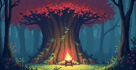 Enchanting pixel art forest landscape with a campfire under a large tree