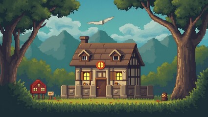 Charming pixel art house nestled in a serene woodland landscape with mountains