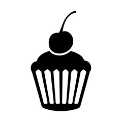 Single black and white cupcake graphic with a bright red cherry on top