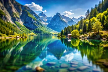 Fototapeta premium Serene Mountain Lake: Tilt-Shift Photography, Blue Sky, Reflective Water, Landscape