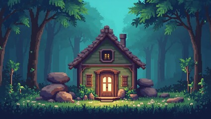 Charming pixel art cottage nestled in a tranquil forest setting on a misty day