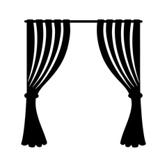 Silhouette of elegant curtains with tiebacks on a rod, centered on white