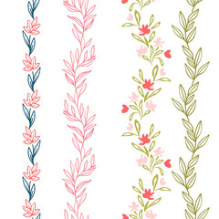 Delicate Line work Botanicals Vector Seamless Vertical Borders Set