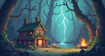 Pixelated mystical forest cabin illuminated by firelight and a dramatic lightning storm
