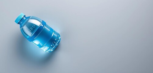 Clear blue plastic water bottle on grey background,  conscious, blue
