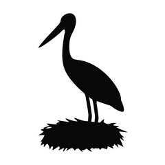 Silhouette of a stork standing on a nest, black and white vector