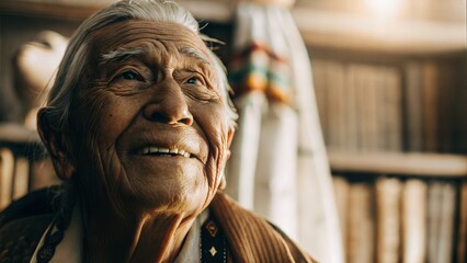 Wise Latino Elder Sharing Stories – Warm Portrait of a Smiling Storyteller with Cultural Artifacts (Perfect for Hispanic Heritage Month, Education & Diversity Content)