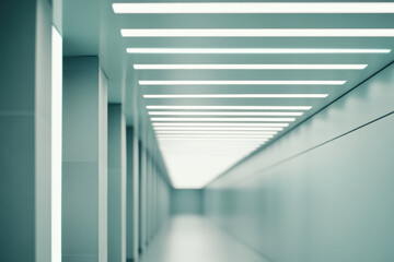 Obraz premium Modern futuristic corridor with fluorescent lights in symmetrical perspective, architectural design concept